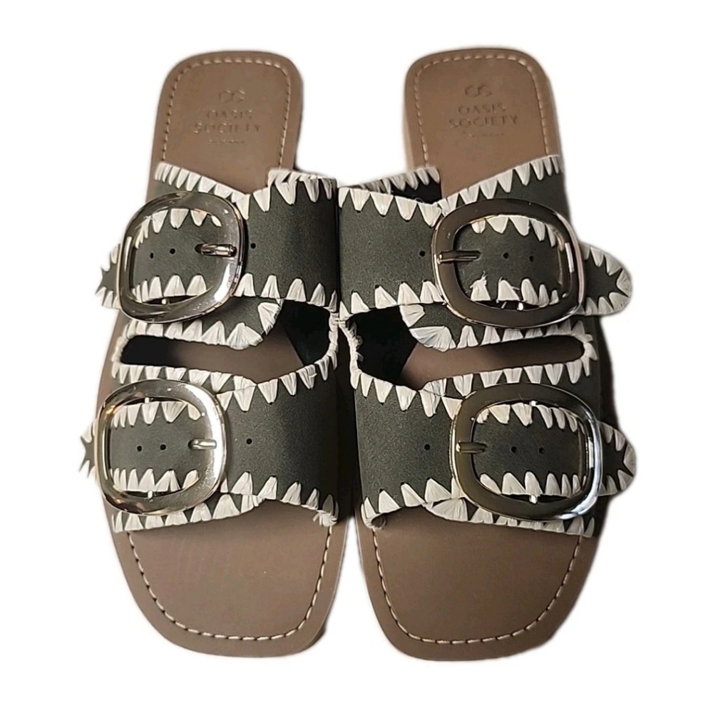 NEW Oasis Society Tívoli Double Buckle Sandals Womens Size 8.5 Olive Green White